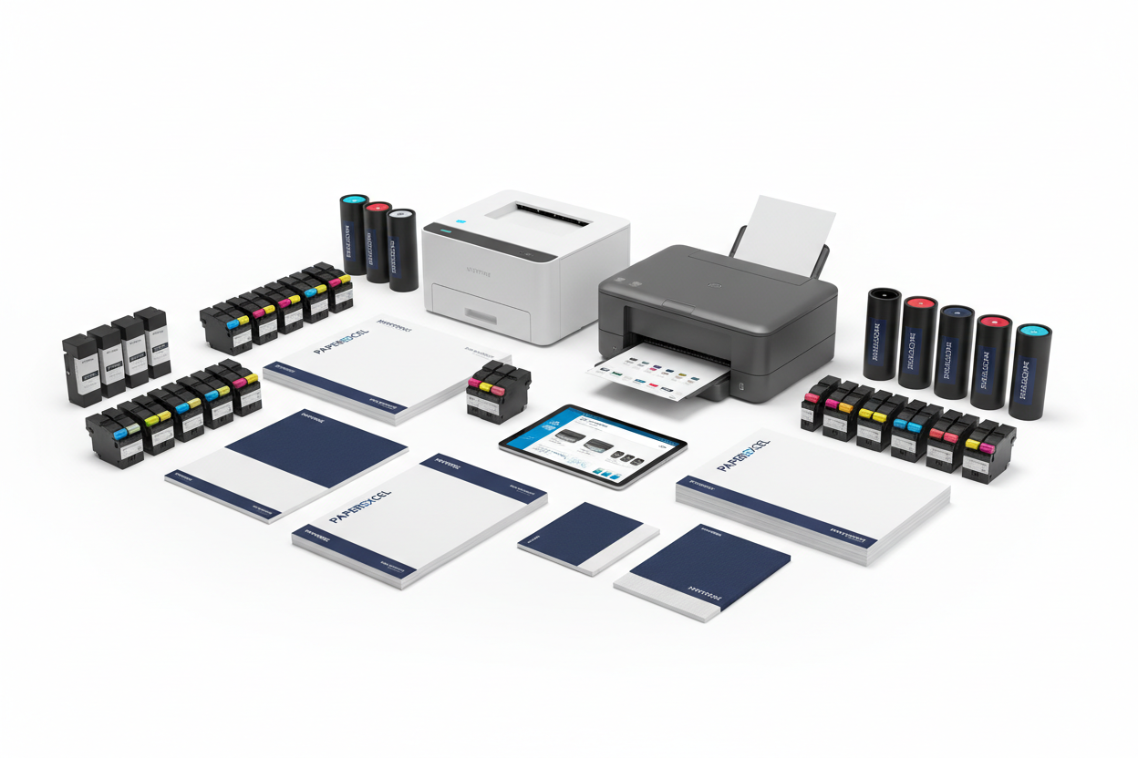 CREATE A professional High quality Image which includes an Injet, Laser printer, Ink and Toner Cartridges, Paper Products